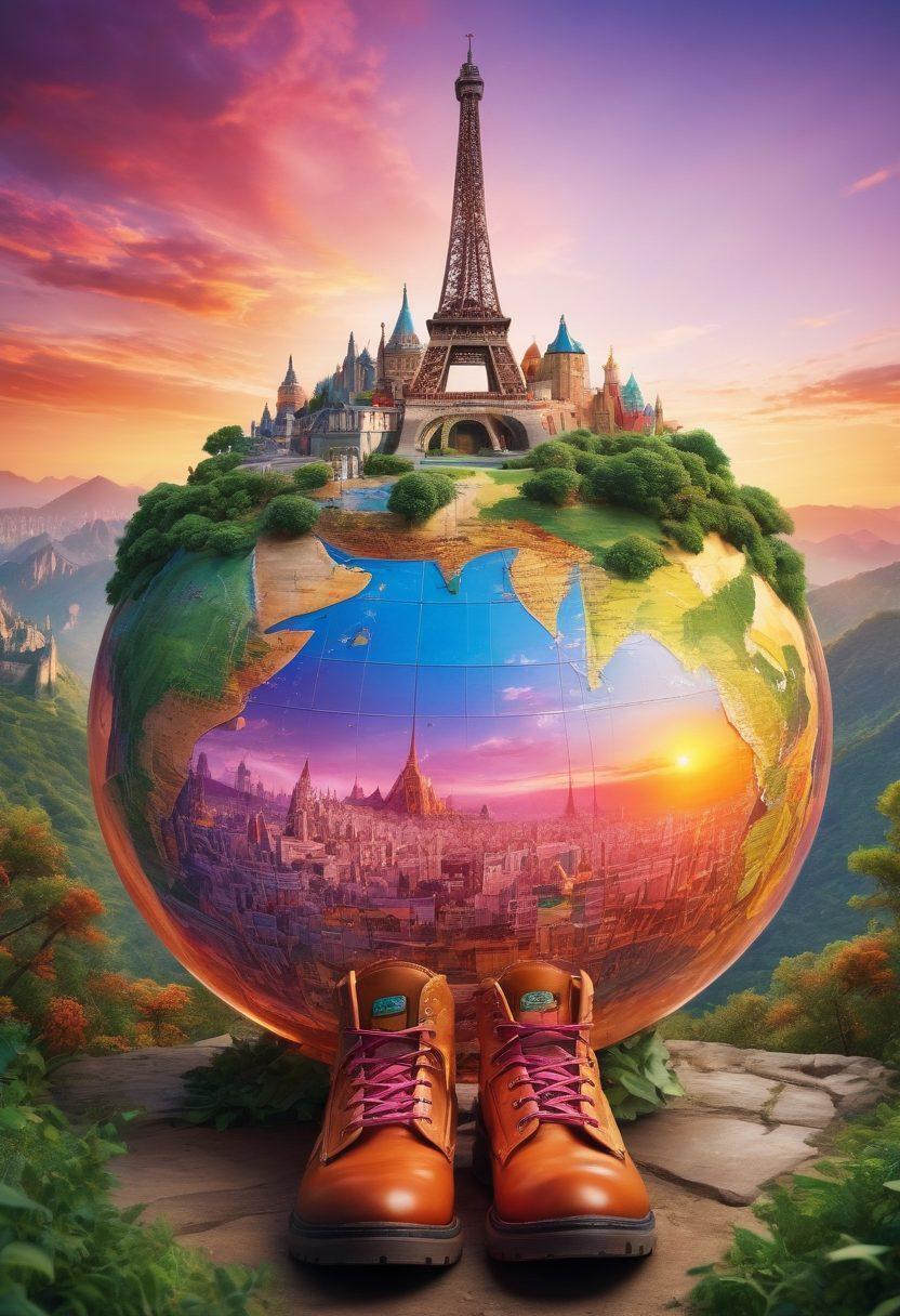 A colorful globe surrounded by various iconic landmarks from around the world, like the Eiffel Tower and Great Wall of China, alongside adventurous elements such as hiking boots, a camera, and a compass. The background features a stunning sunset and lush greenery to evoke a sense of exploration and adventure. Vibrant colors. 3D.