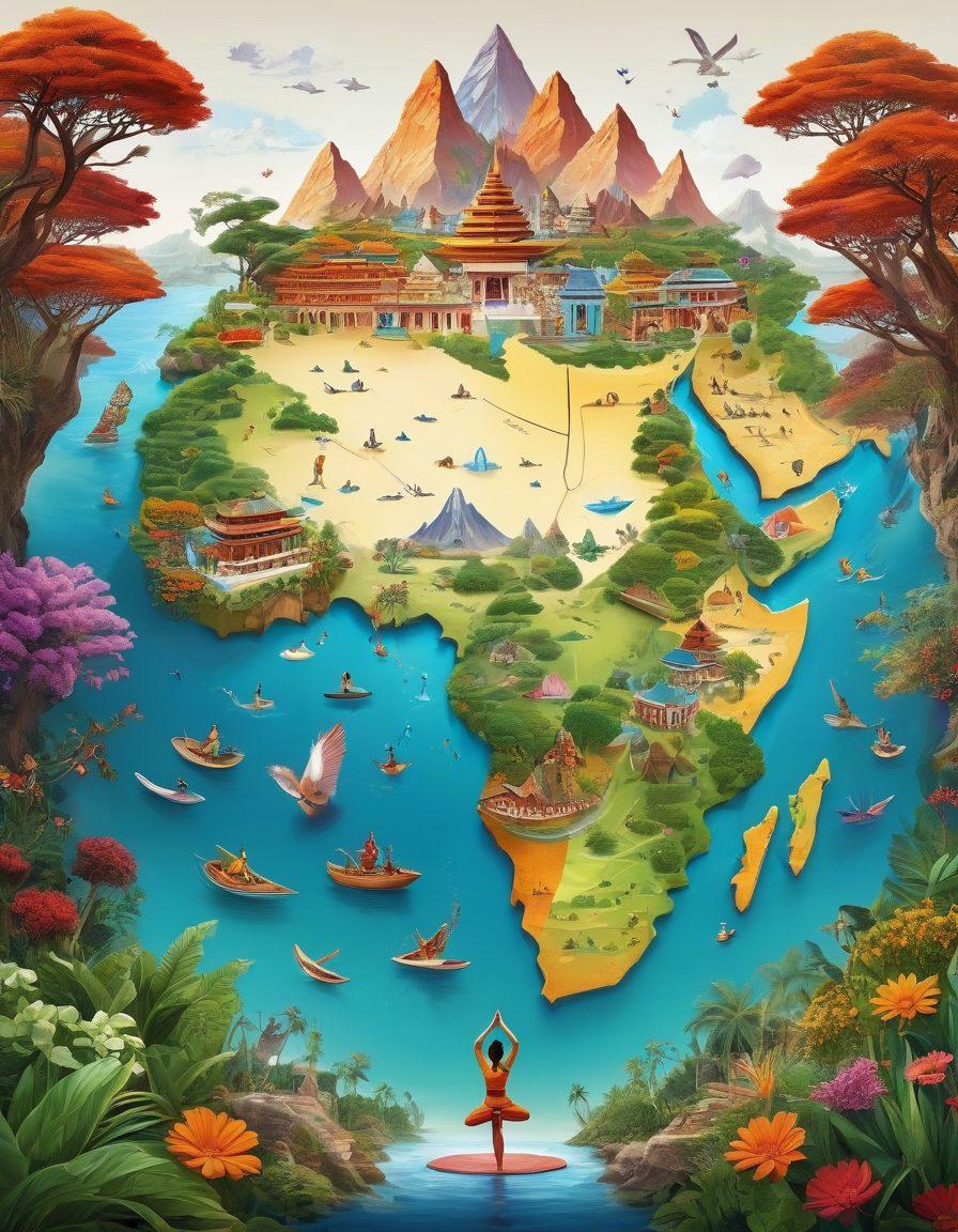 A vibrant map showcasing diverse cultural landmarks around the world, with illustrations of people engaging in wellness activities like yoga, meditation, and traditional dances, surrounded by colorful flora and fauna, all radiating a sense of adventure and exploration. super-realistic. vibrant colors. 3D.
