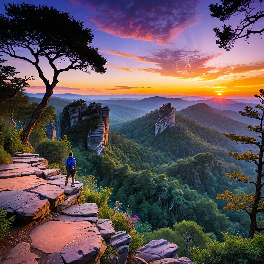 A breathtaking landscape showcasing a traveler on a cliff overlooking a vibrant sunset, with footprints leading to a lush forest filled with colorful flora and fauna. The traveler is journaling, symbolizing the transformation of experiences into wisdom. Ethereal light beams filter through the trees, creating a magical atmosphere. super-realistic. vibrant colors. warm tones.